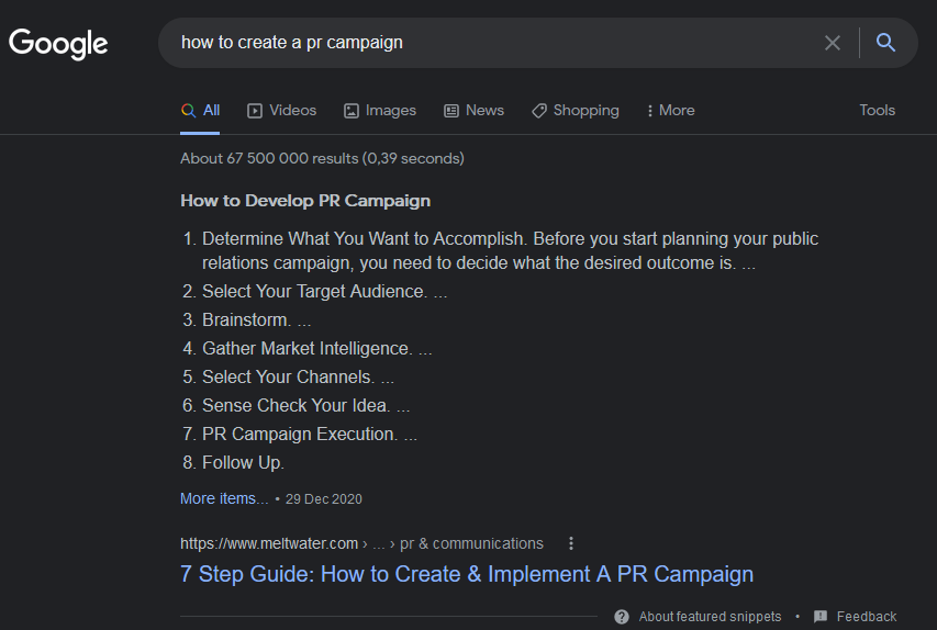 how to create a pr campaign featured snippet